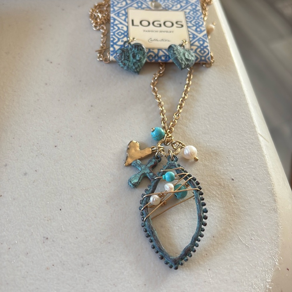 Turquoise Blue and gold 30” necklace and earring set